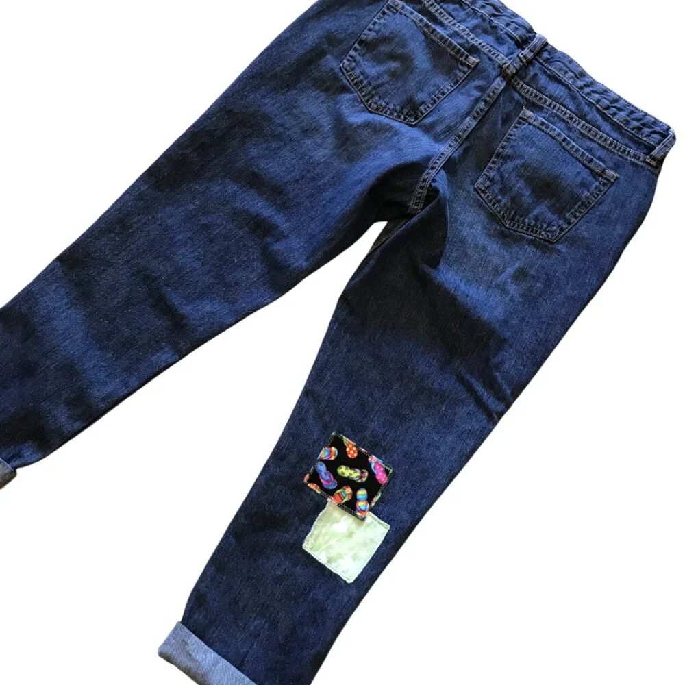 Patchwork Denim Capri Pants, Upcycled Gap Summer Patch Cropped Jeans 30 Waist